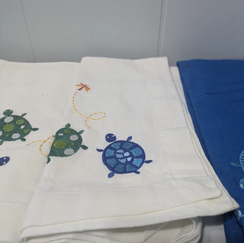 Set of 4 Turtle Sea Life Cotton Kitchen Tea Towels Coastal Nautical‎ Ocean Decor